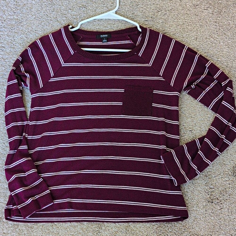 Alfani Intimates Women's Sweater S Burgundy White Knit Striped Crewneck Pocket
